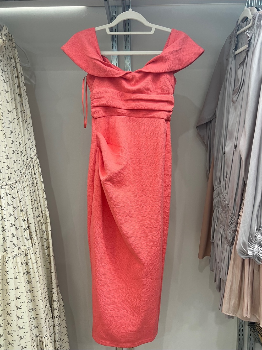 NWT Here Comes the Sun Off-Shoulder Coral Formal Midi Dress